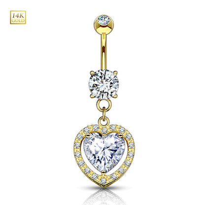 14K Solid Gold 14 Gauge Belly Ring with Dangle Solitaire Heart CZ - photo 4