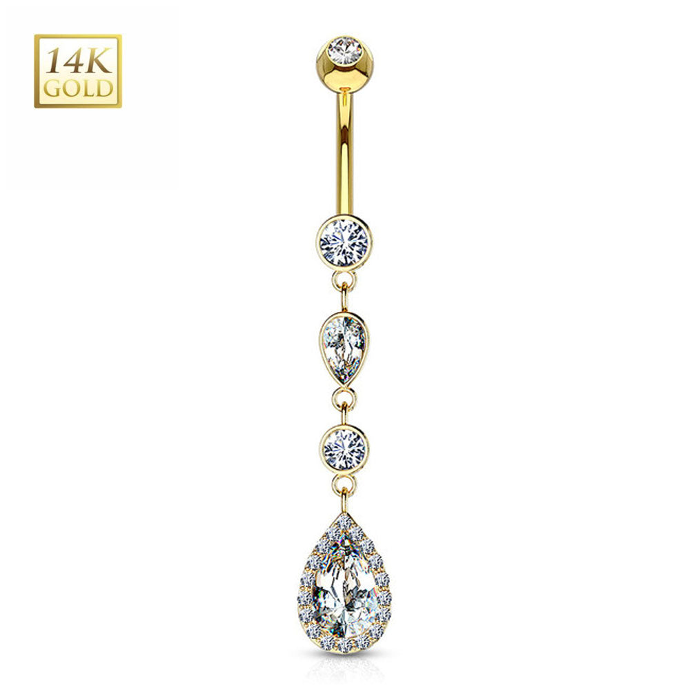 14K Solid Gold 14 Gauge Belly Ring with CZ Teardrop Dangle - photo 2