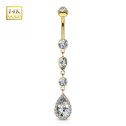 14K Solid Gold 14 Gauge Belly Ring with CZ Teardrop Dangle - photo 2