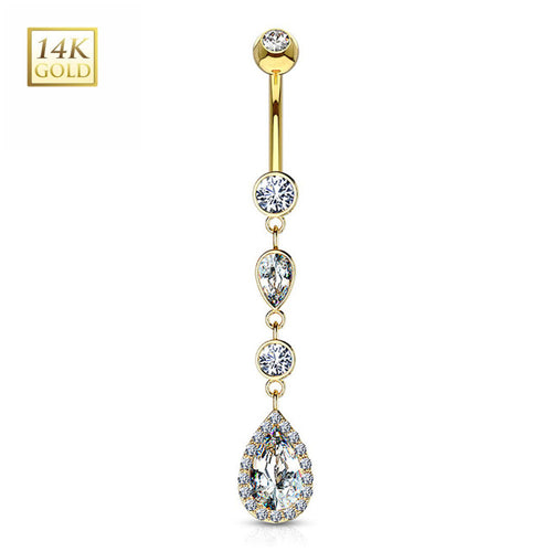 14K Solid Gold 14 Gauge Belly Ring with CZ Teardrop Dangle - photo 2