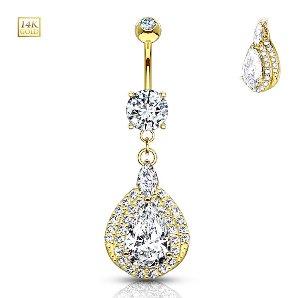14K Solid Gold 14 Gauge Belly Ring with Dangle Teardrop Sparkle CZ - photo 2