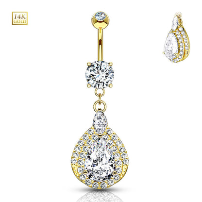 14K Solid Gold 14 Gauge Belly Ring with Dangle Teardrop Sparkle CZ - photo 2