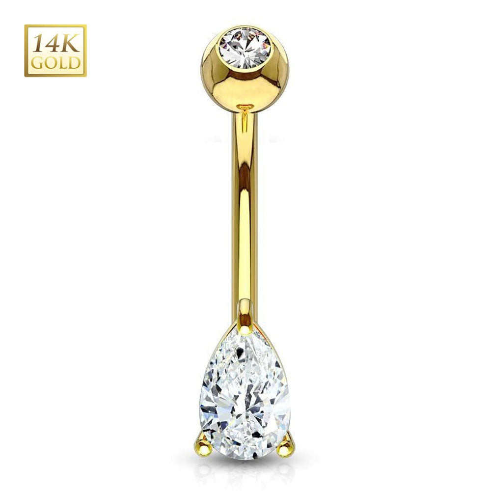 14K Solid Gold 14 Gauge Prong Set Teardrop CZ Belly Ring - photo 5