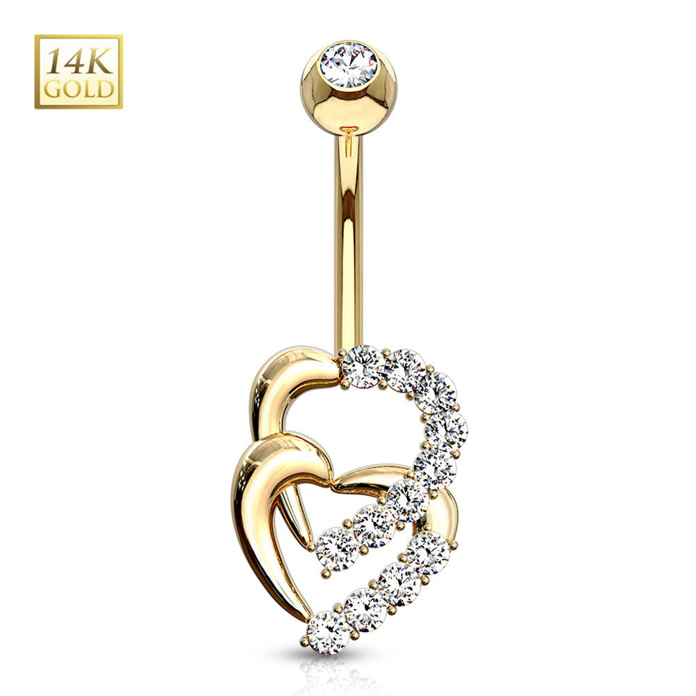 14K Solid Gold 14 Gauge Belly Ring with Double Heart Sparkle CZ - photo 6
