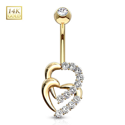 14K Solid Gold 14 Gauge Belly Ring with Double Heart Sparkle CZ - photo 6