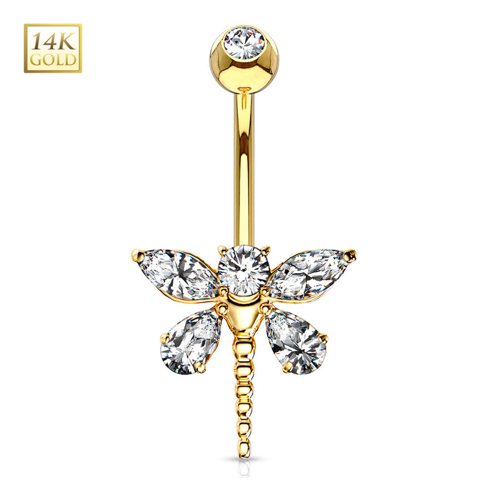 14K Solid Gold 14 Gauge Belly Ring Marquise Dragonfly CZ - photo 3