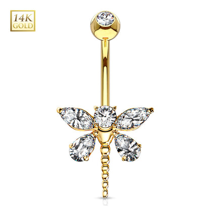 14K Solid Gold 14 Gauge Belly Ring Marquise Dragonfly CZ - photo 3
