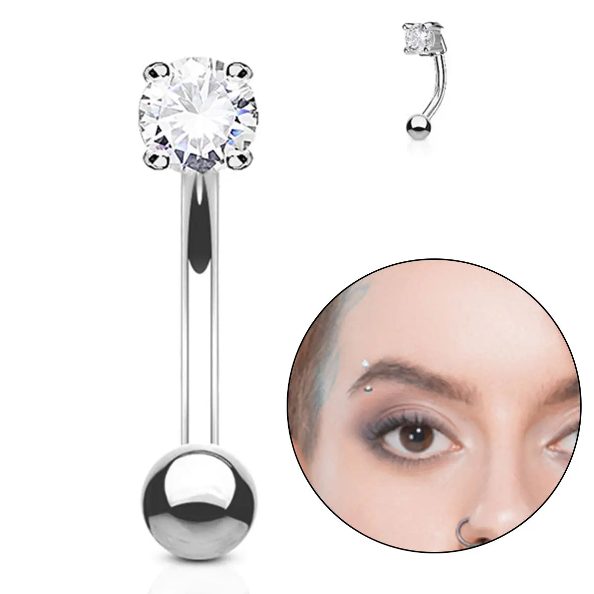 14K Solid Gold 16 Gauge Curved Eyebrow Barbell with CZ Top - photo 3