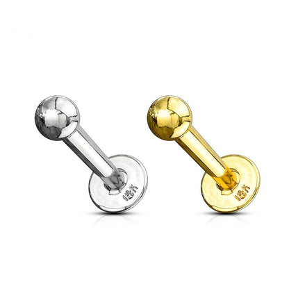 14K Solid Gold 16 & 14 Gauge Flat Back Labret Stud with Ball End