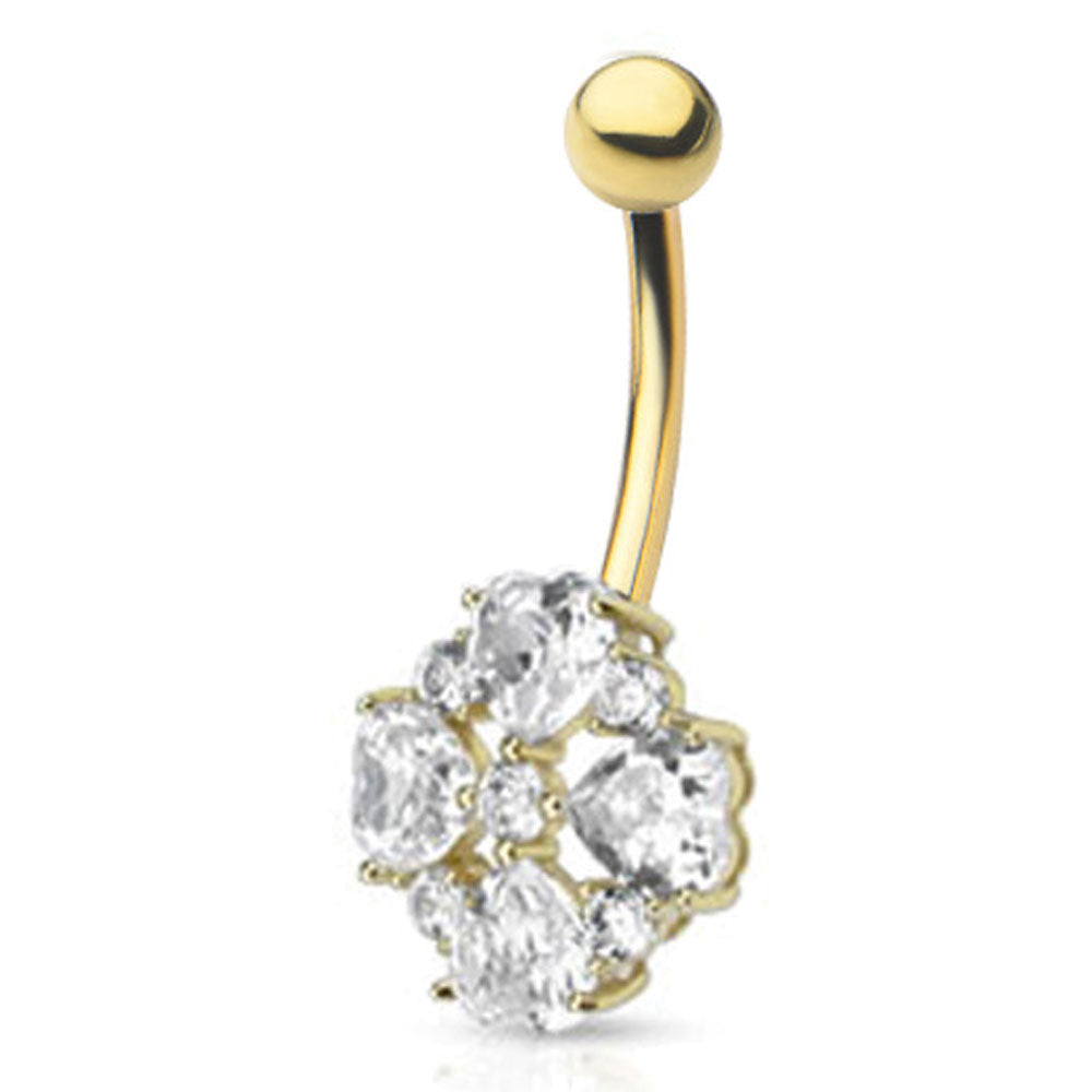 14K Solid Gold 14 Gauge Belly Ring with Flower Petals Heart CZ - photo 2