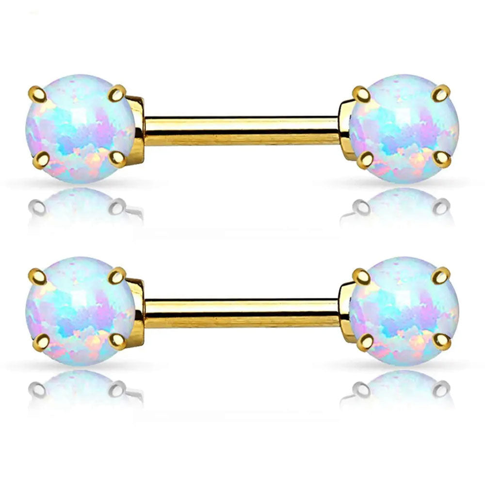 14K Solid Gold 14 Gauge Glitter Opal CZ Nipple Barbell - Pair - photo 2