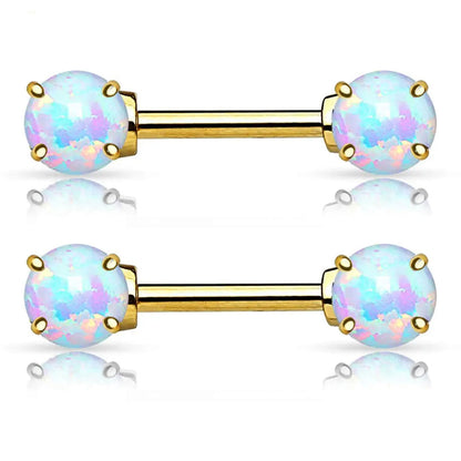 14K Solid Gold 14 Gauge Glitter Opal CZ Nipple Barbell - Pair - photo 2