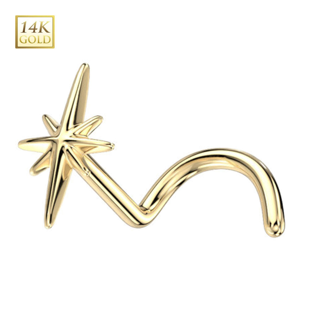 14K Solid Gold 20 Gauge North Star Corkscrew Nose Stud