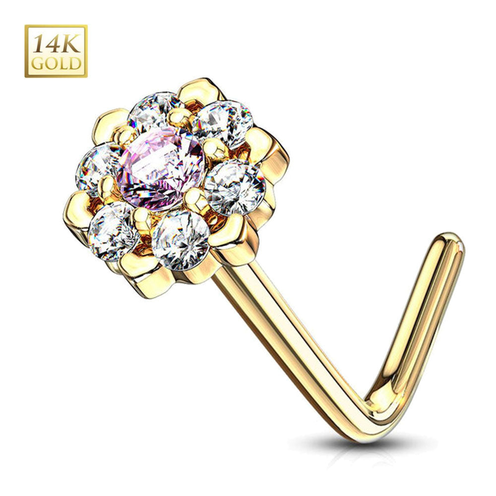14K Solid Gold 20 Gauge L Shaped Nose Stud with CZ Flower - photo 11