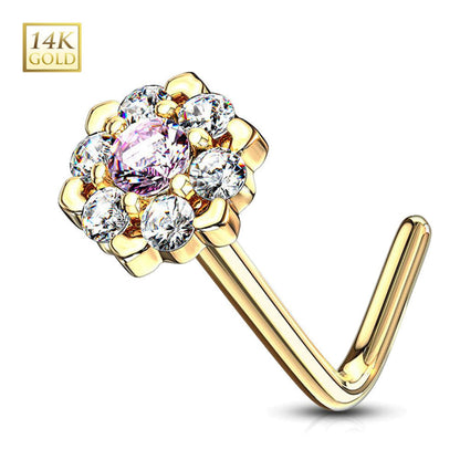 14K Solid Gold 20 Gauge L Shaped Nose Stud with CZ Flower - photo 11