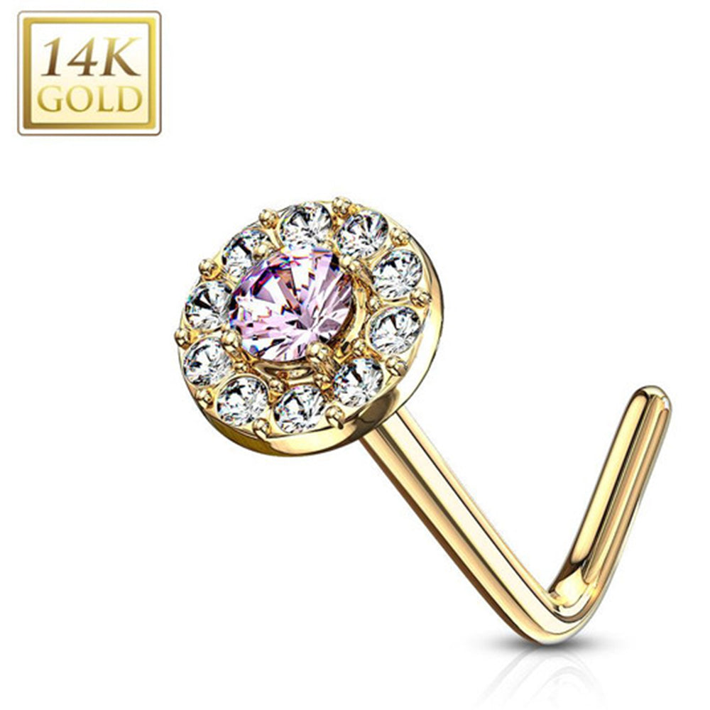 14K Solid Gold 20 Gauge L Shaped Nose Stud with Double Tier CZ - photo 7