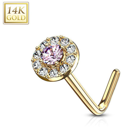 14K Solid Gold 20 Gauge L Shaped Nose Stud with Double Tier CZ - photo 7