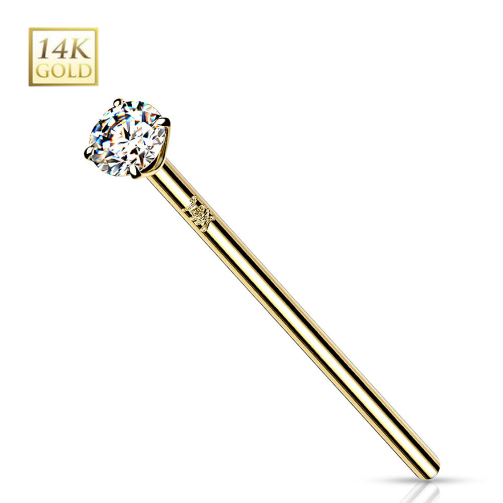 14K Solid Gold 20 & 18 Gauge Prong Set CZ Fishtail Nose Stud