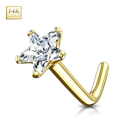 14K Solid Gold 20 Gauge L-Shaped Nose Stud with Star CZ - photo 2