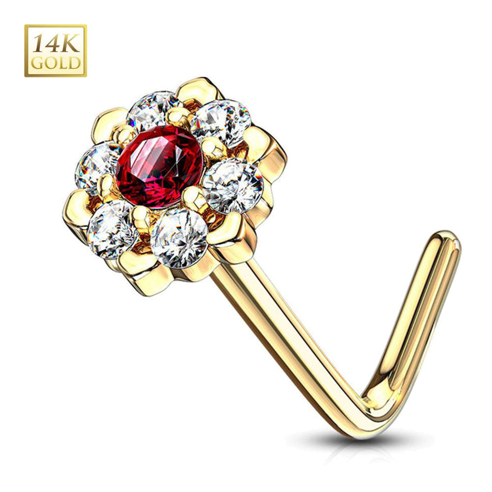 14K Solid Gold 20 Gauge L Shaped Nose Stud with CZ Flower - photo 9