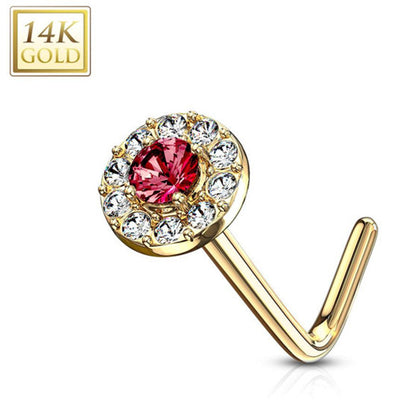 14K Solid Gold 20 Gauge L Shaped Nose Stud with Double Tier CZ - photo 11