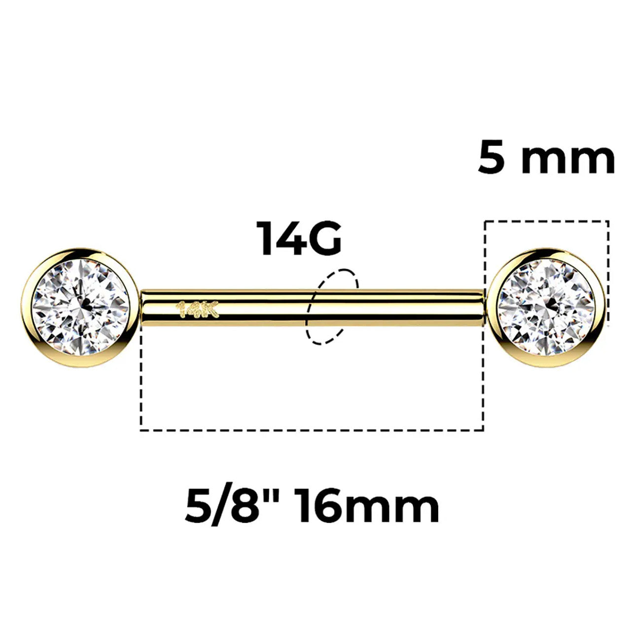 14 Karat Solid Gold Nipple Ring Barbell 14 Gauge & Threadless Round CZ