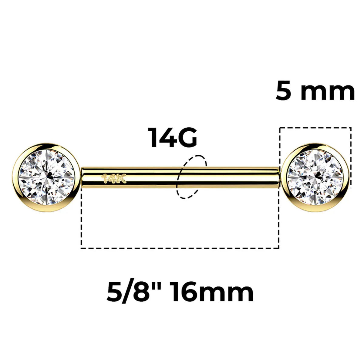 14 Karat Solid Gold Nipple Ring Barbell 14 Gauge Threadless - Pair - Kruelty - Photo 4