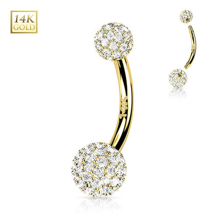 14K Solid Gold 14 Gauge Belly Ring with Paved CZ Balls - photo 4