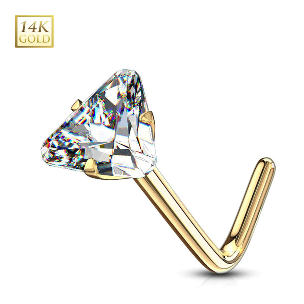 14K Solid Gold 20 Gauge L Shaped Nose Stud with Triangle CZ - photo 5