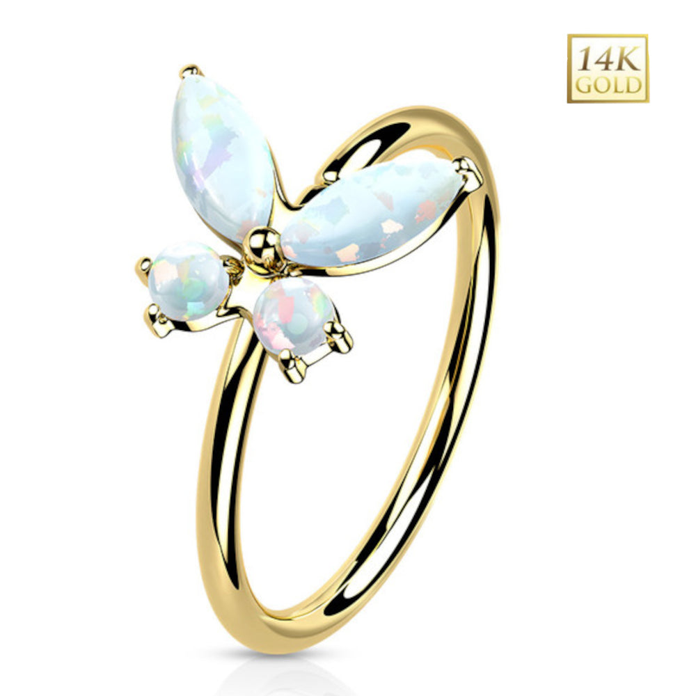 14K Solid Gold 20 Gauge Bendable Nose Ring with CZ Opal Butterfly - photo 9