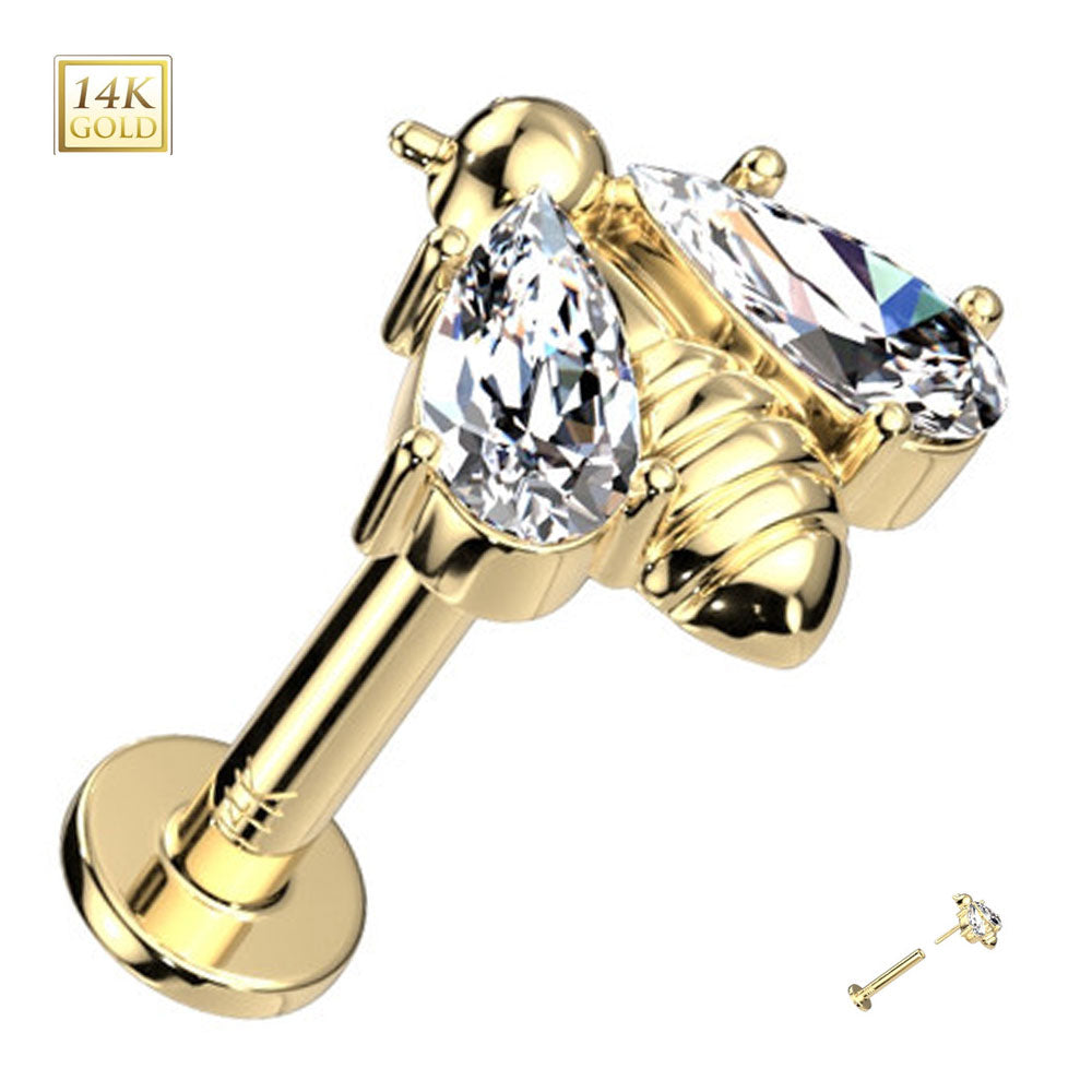 14K Solid Gold 16 Gauge Threadless CZ Wing Bee Labret Stud