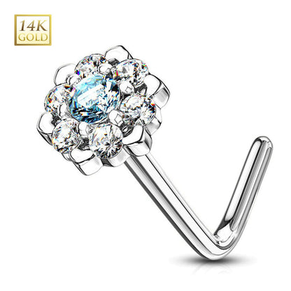 14K Solid Gold 20 Gauge L Shaped Nose Stud with CZ Flower - photo 8
