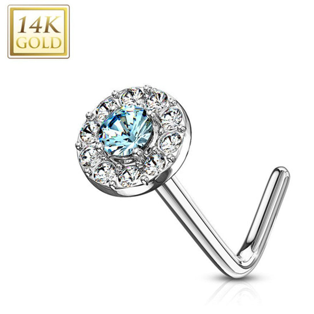 14K Solid Gold 20 Gauge L Shaped Nose Stud with Double Tier CZ - photo 6