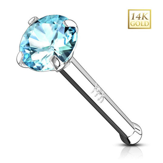 14K Solid Gold 20 Gauge Nose Bone Stud with Prong Set CZ - photo 3