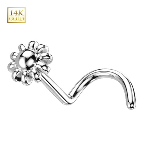 14 Karat Solid White Gold 20 Gauge Nose Ring Bead Flower Corkscrew