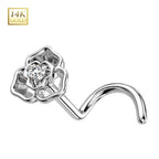 14K Solid Gold 20 Gauge CZ Flower Corkscrew Nose Stud