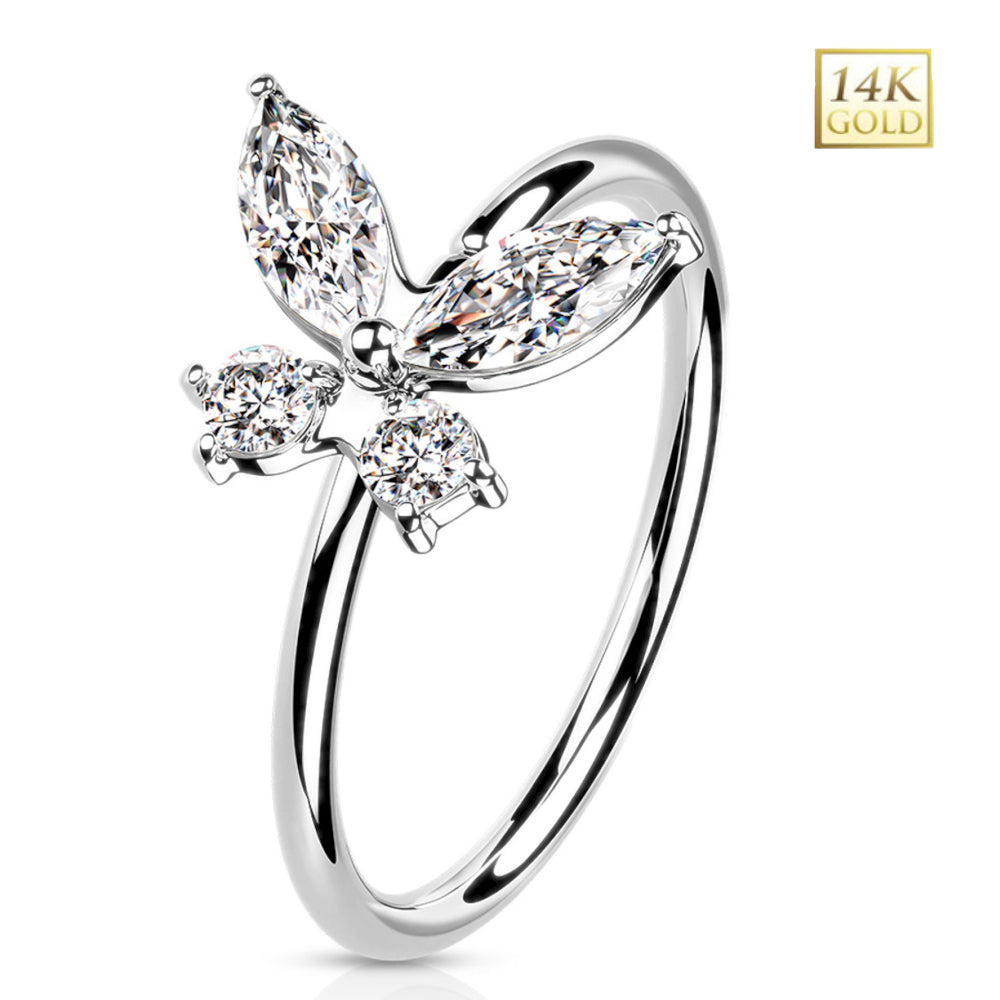 14K Solid Gold 20 Gauge Bendable Nose Ring with CZ Opal Butterfly - photo 10