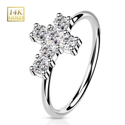 14K Solid Gold 20 Gauge Bendable Nose Ring with CZ Opal Cross - photo 9
