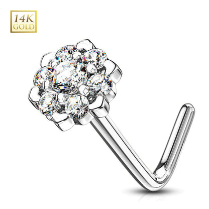 14K Solid Gold 20 Gauge L Shaped Nose Stud with CZ Flower - photo 6