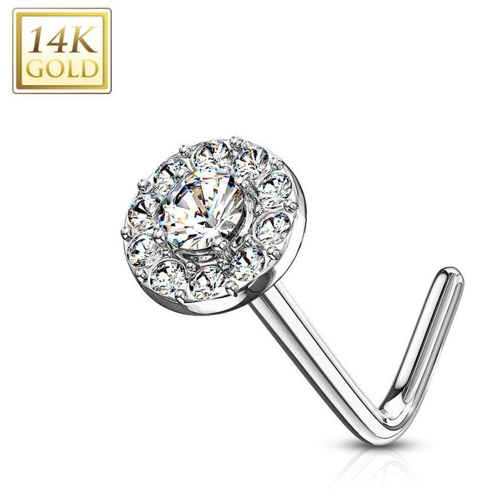 14K Solid Gold 20 Gauge L Shaped Nose Stud with Double Tier CZ - photo 10