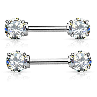 14K Solid Gold 14 Gauge Front Facing Clear CZ Nipple Barbell - Pair - photo 3