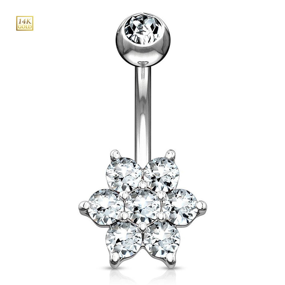 14K Solid Gold 14 Gauge Belly Ring with Cluster CZ Flower - photo 5