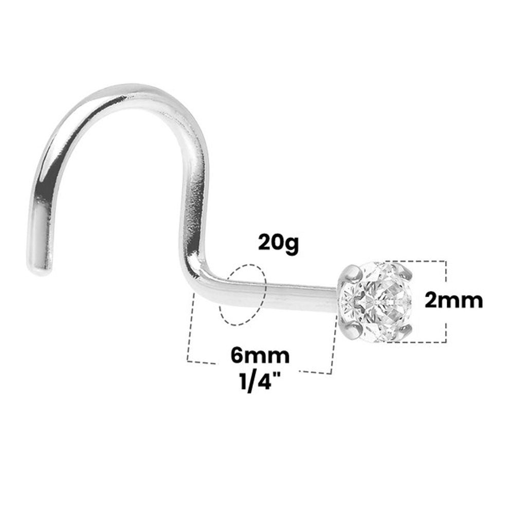 14K White Gold 20 Gauge Corkscrew Nose Screw with 2mm Diamond - photo 2