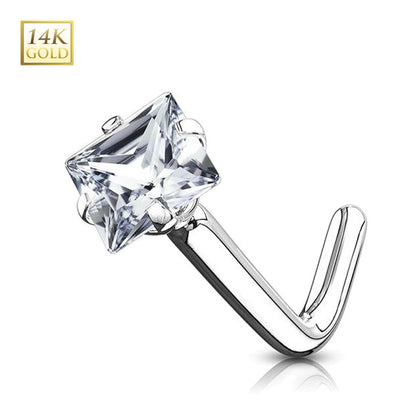 14K Solid Gold 20 Gauge L-Shaped Nose Stud with Square CZ - photo 3