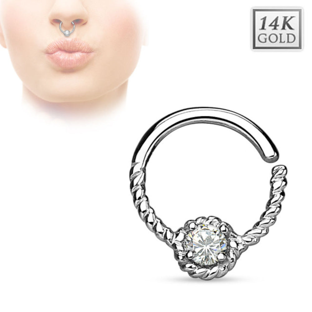 14K Solid Gold 16 Gauge Bendable Septum Hoop with Braided CZ - photo 3