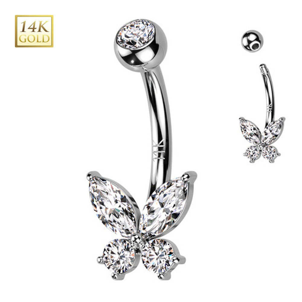 14K Solid Gold 14 Gauge CZ Butterfly Belly Button Ring
