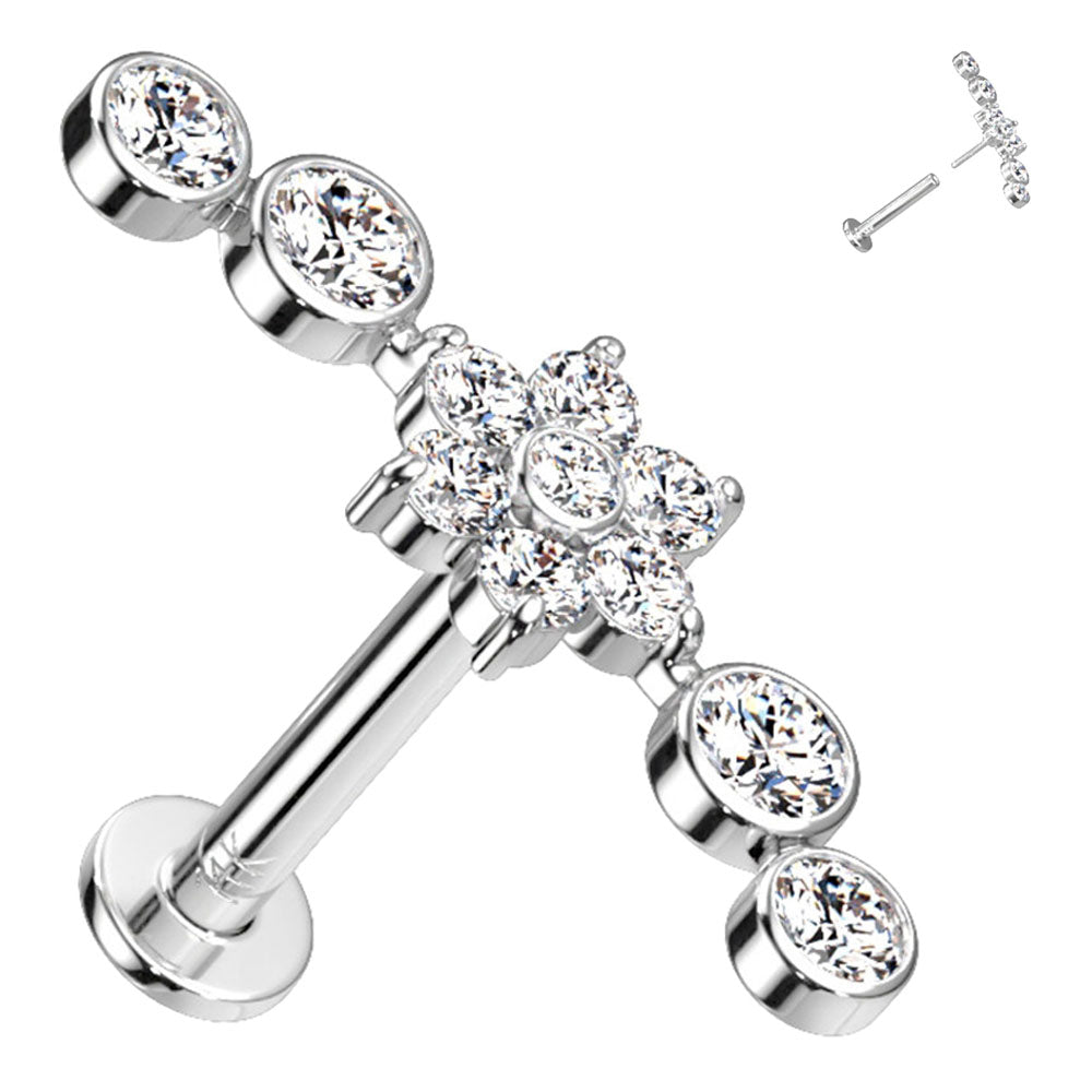 14K Solid Gold 16 to 18 Gauge Cluster CZ Flower Labret Stud