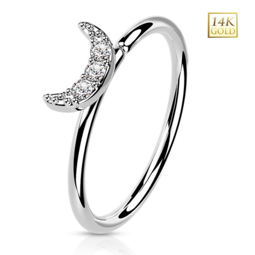 14K Solid Gold 20 Gauge Bendable Nose Ring with Crescent Moon - photo 5