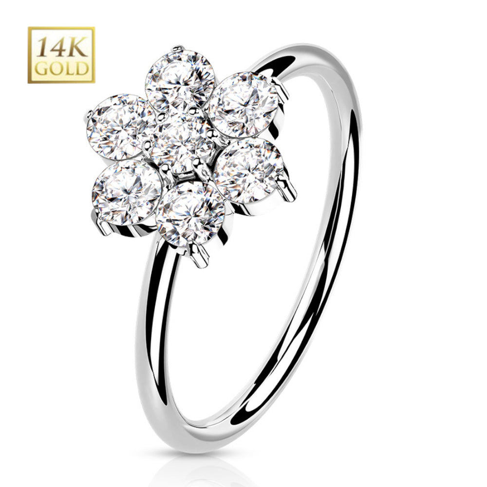 14K Solid Gold 20 Gauge Bendable Nose Ring with CZ Opal Flower - photo 9