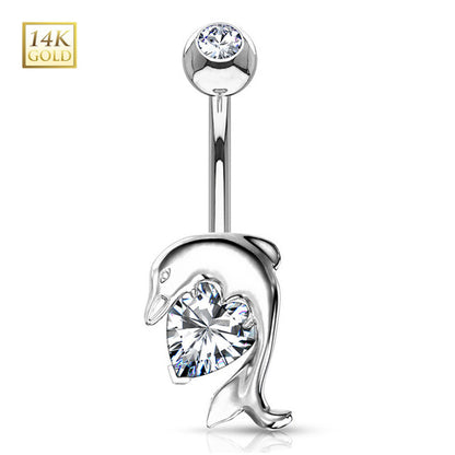 14K Solid Gold 14 Gauge Belly Ring Love Heart CZ Dolphin - photo 3